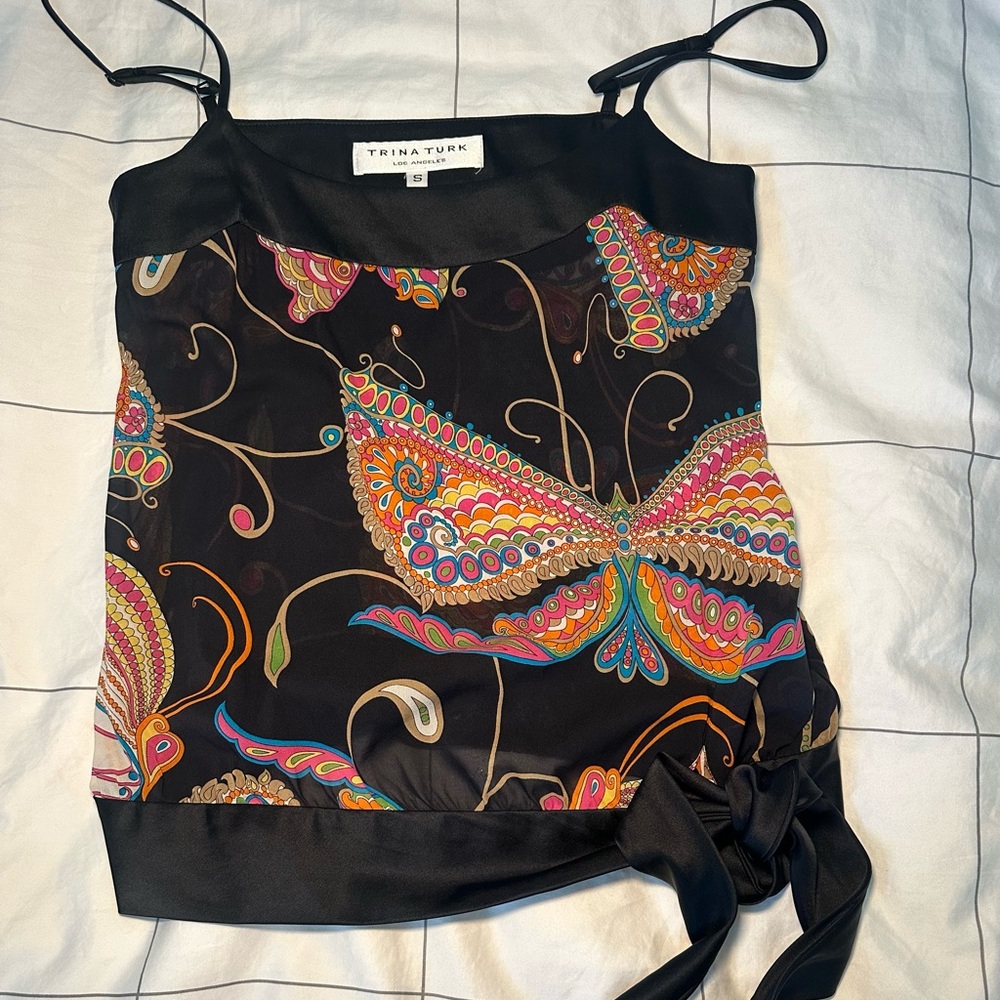 Trina Turk Black Top with Colorful Butterfly Design